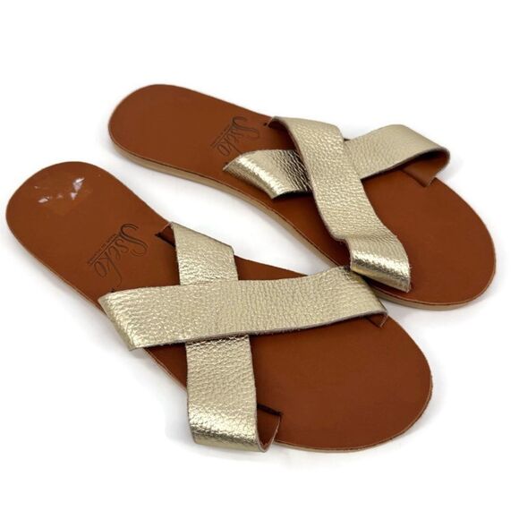 Sseko Gold Leather Cross Slide Sandals Size 10 - Picture 1 of 7